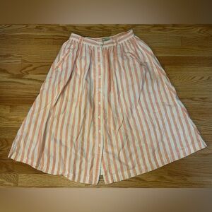 Vtg LL Bean A-line Midi Skirt 100% Cotton Pink/White Pockets Button Down Size 14